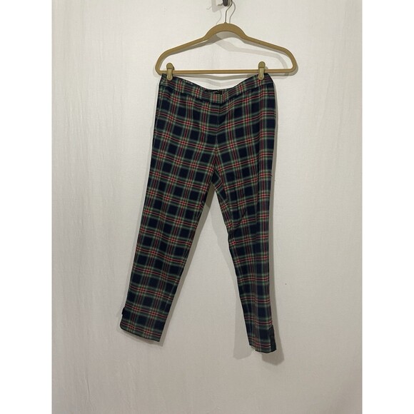 Talbots Petites Tartan Plaid Navy Blue Green & Red Holiday Ankle Pants with Bows - Picture 1 of 9